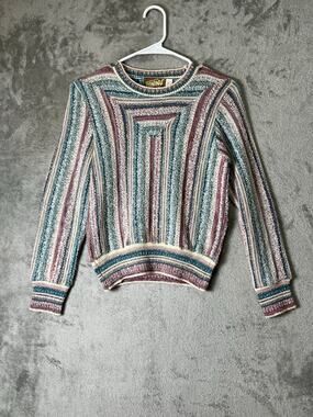 Vintage Multicolor Striped Knit Sweater 70s Boho Retro Folk Hippie Small 80s